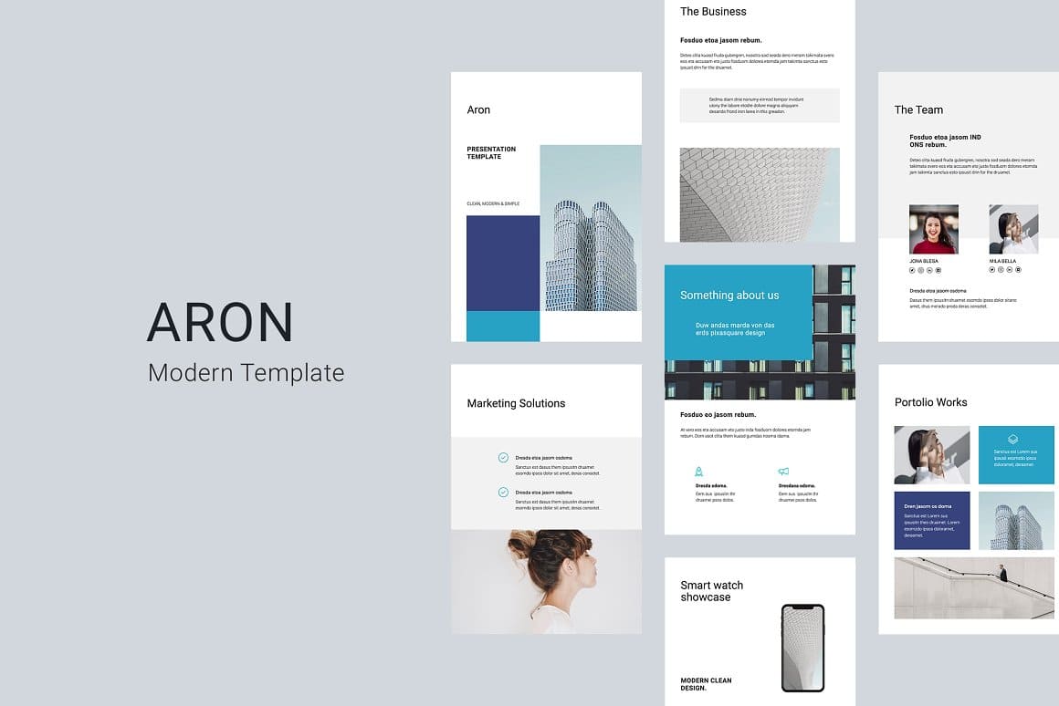 Aron vertical keynote template: The Business, Aron, The Team, Marketing Solutions.