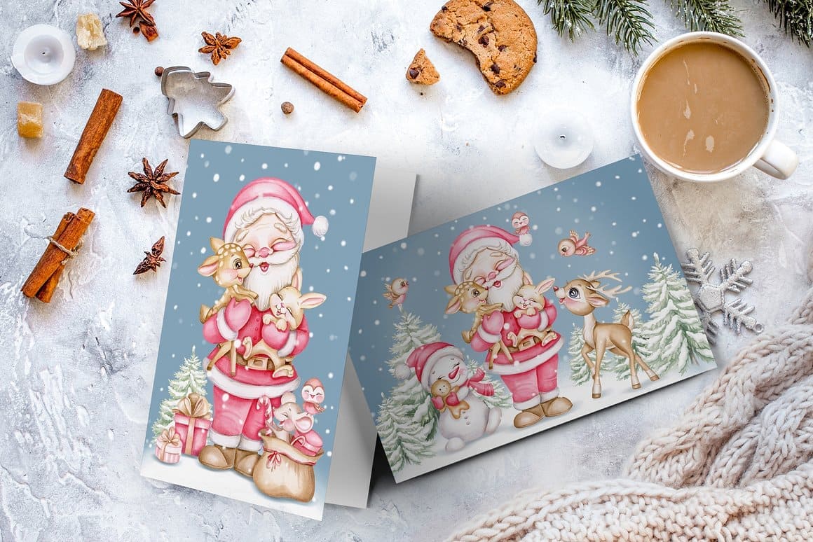 Two Christmas cards with pink Santa Claus.