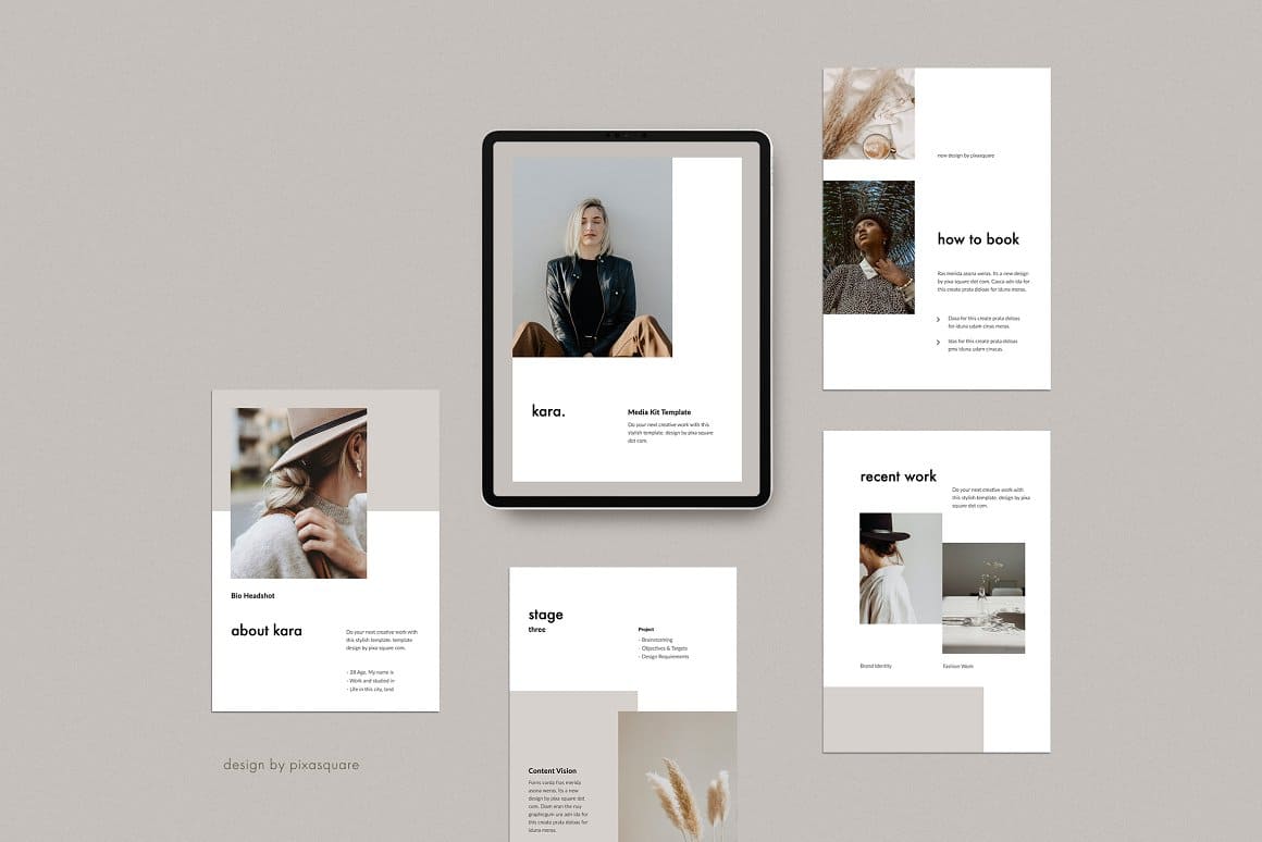 4 pages and one screen on a tablet with Kara A4 vertical keynote template.