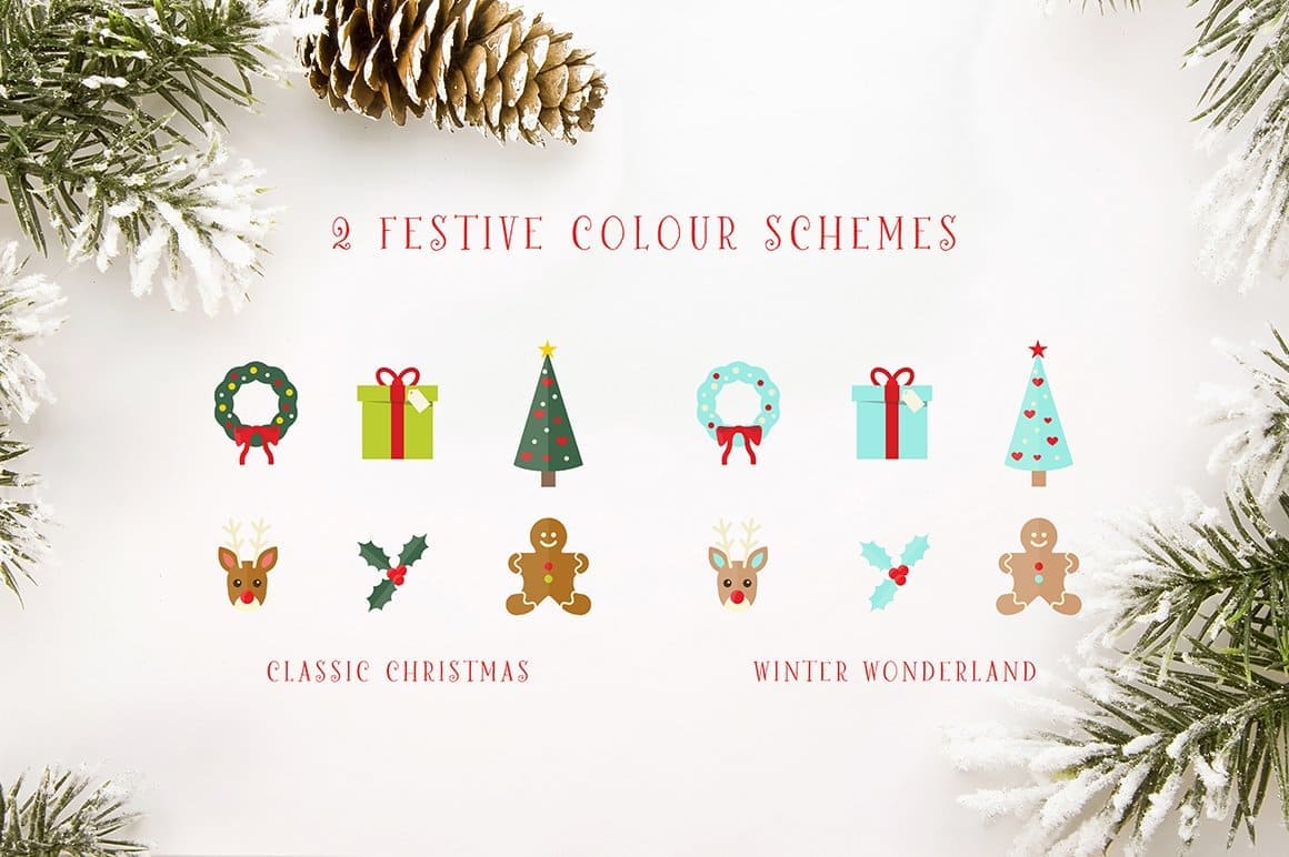 Christmas Icons with inscription "2 Festive Colour Schemes, Classic Christmas, Winter Wonderland".