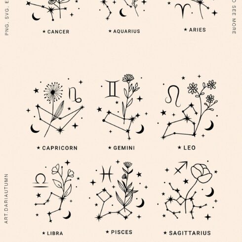 Zodiac Constellations With Flowers | MasterBundles