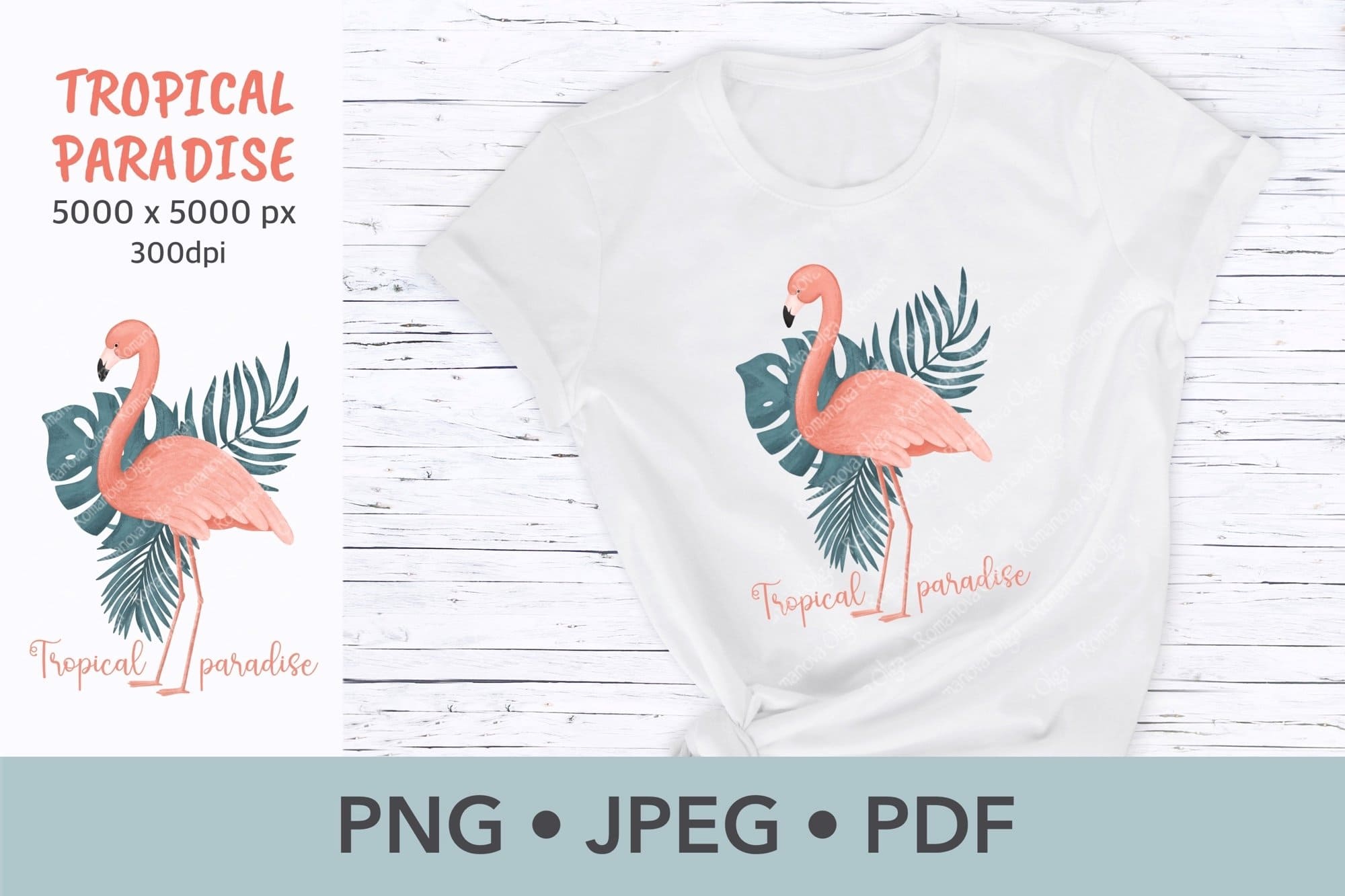 A pink flamingo with long feathers on its wings is depicted on a white T-shirt.