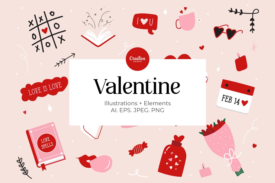 Valentine's Day elements on a light pink background.