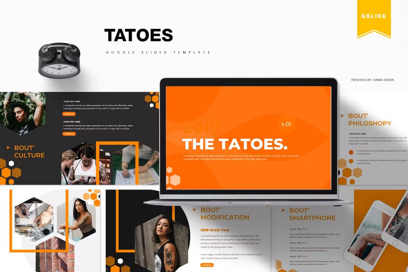 Preview Tatoes google slides template on the laptop.