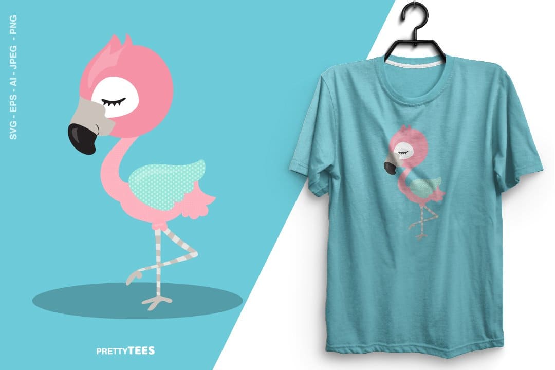 A flamingo is drawn on a blue T-shirt.