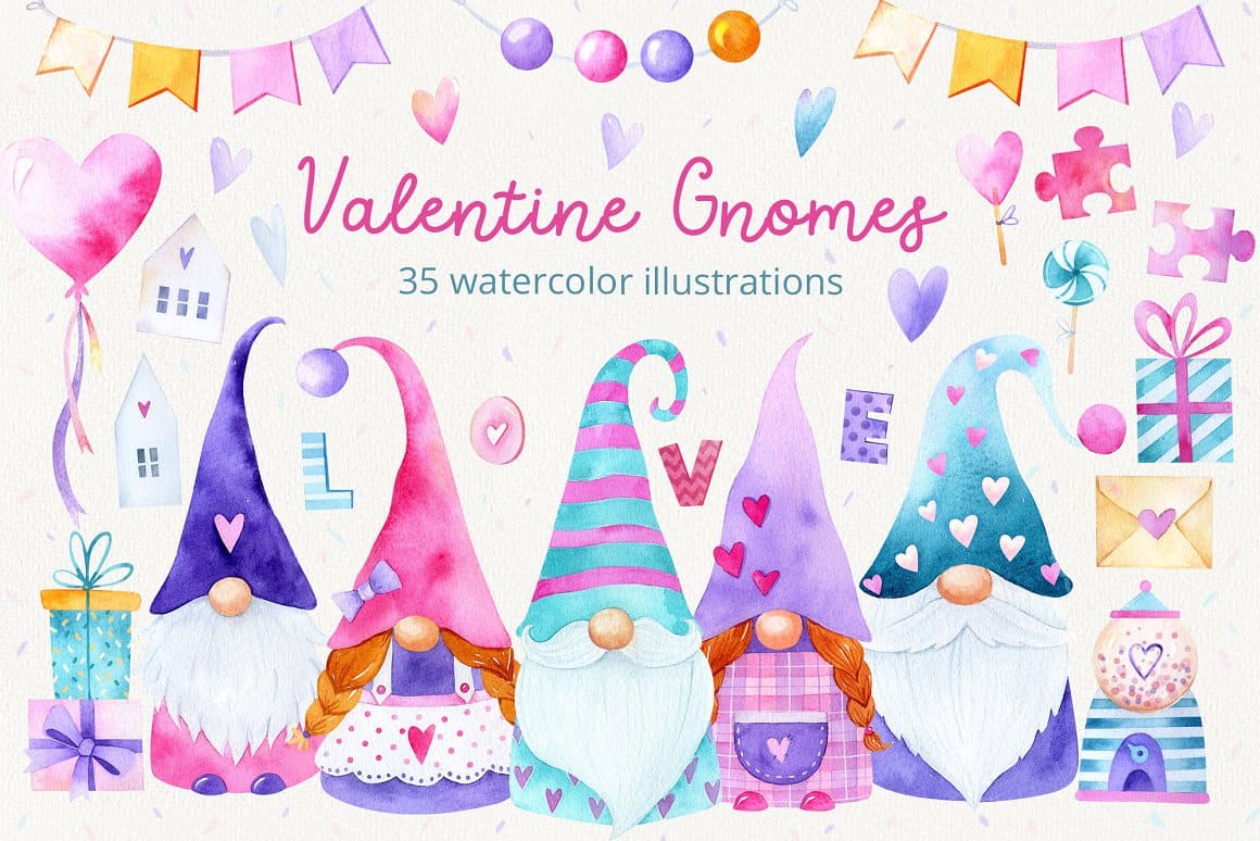 35 watercolor illustrations of Valentine Gnomes.