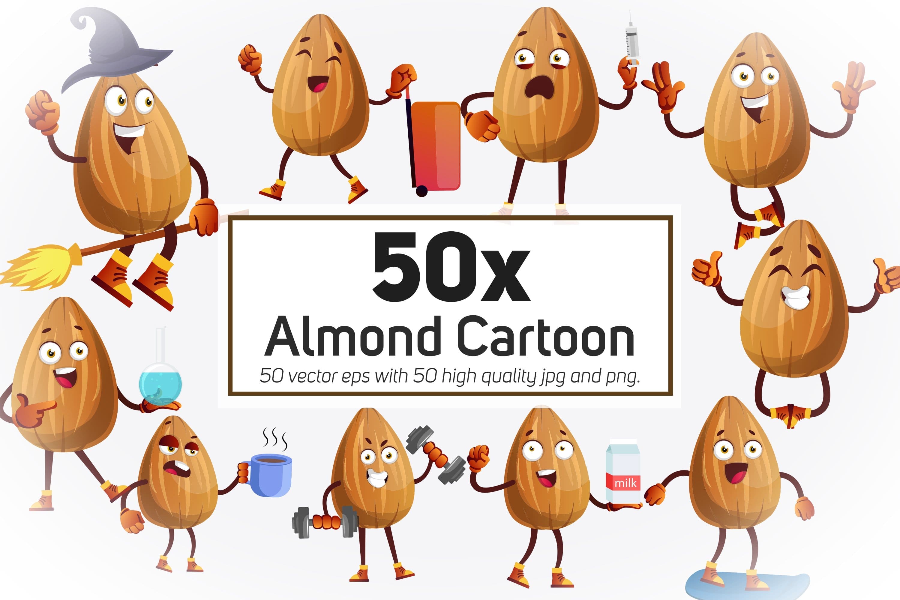 50x Almond in Different Cartoon Collection Illustration.