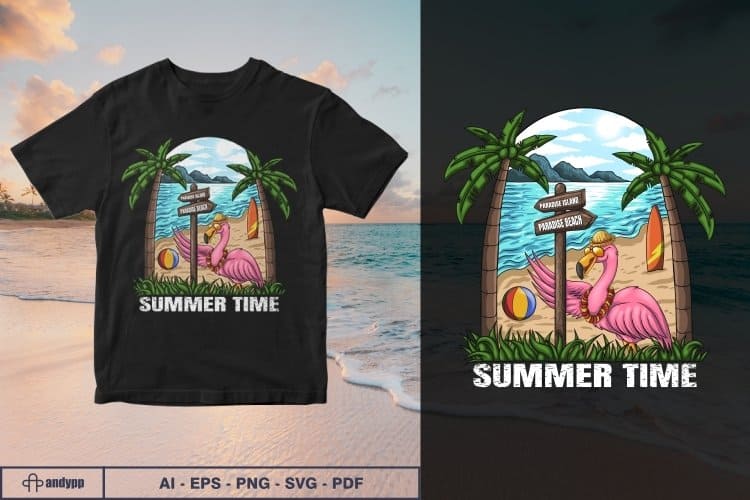 A black t-shirt with the image of a flamingo is depicted on an evening beach background.