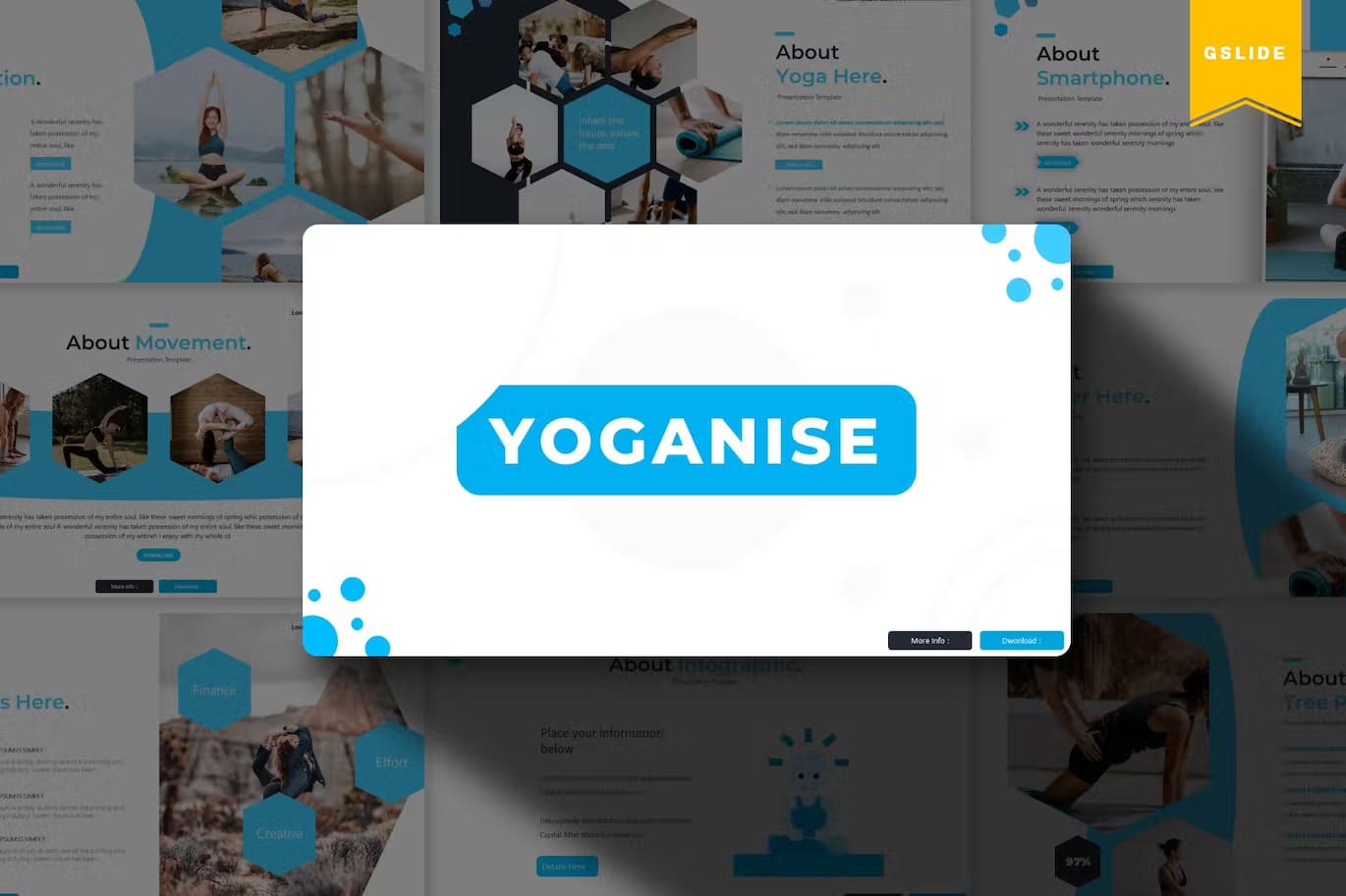 On a white rectangle with blue circles in the corners is the inscription "Yoganise".