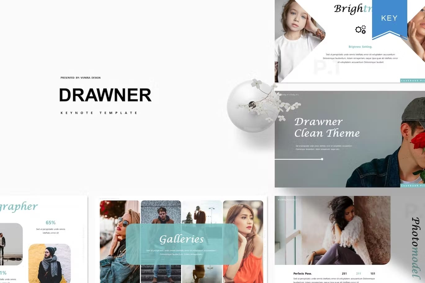 Slides of Drawner powerpoint template: Galleries, Brightr Key, Drawner Clean Theme, Photomodel.