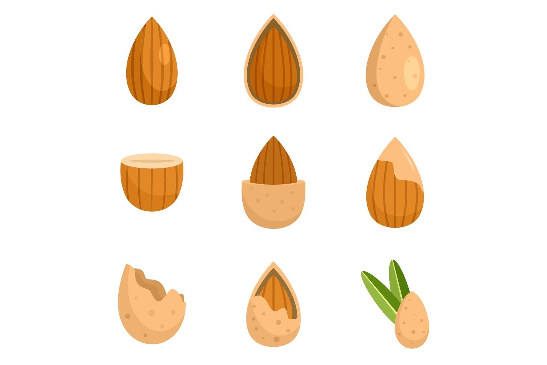 Almonds of different types on a white background.