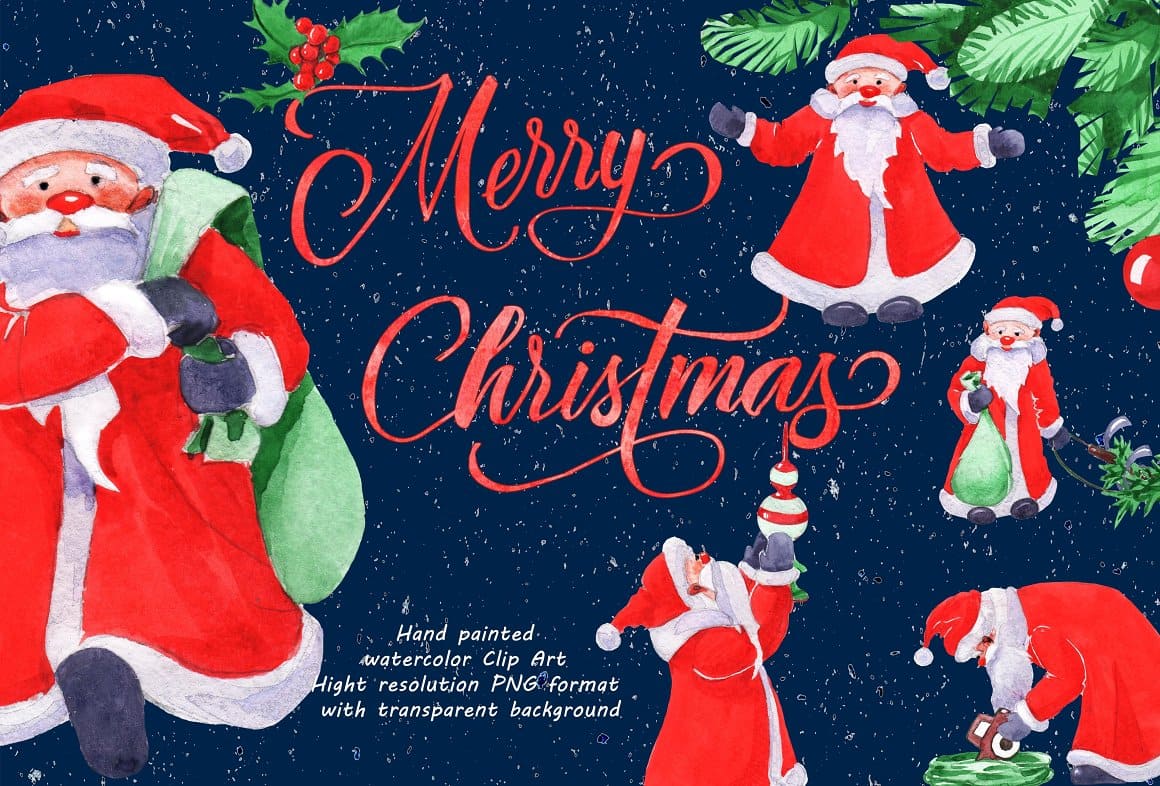 Hand painted watercolor Clipart"Merry Christmas".