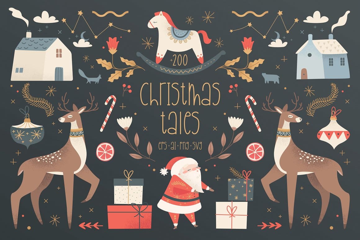 Elements of Christmas Tales Vector Bundle on the dark background.