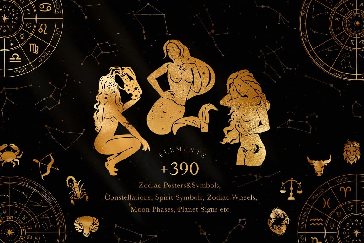 Golden zodiac posters on the black background.