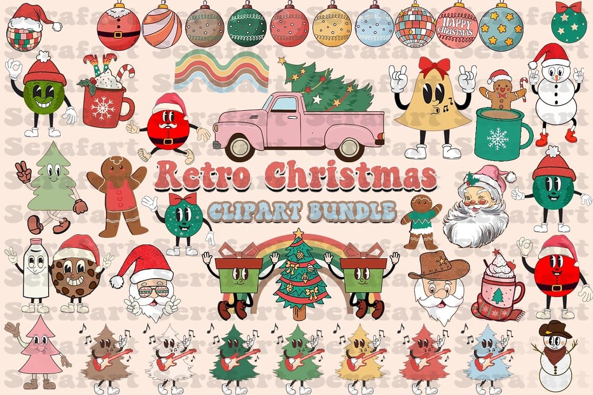 Retro Christmas with retro gifts, retro car and Christmas trees.