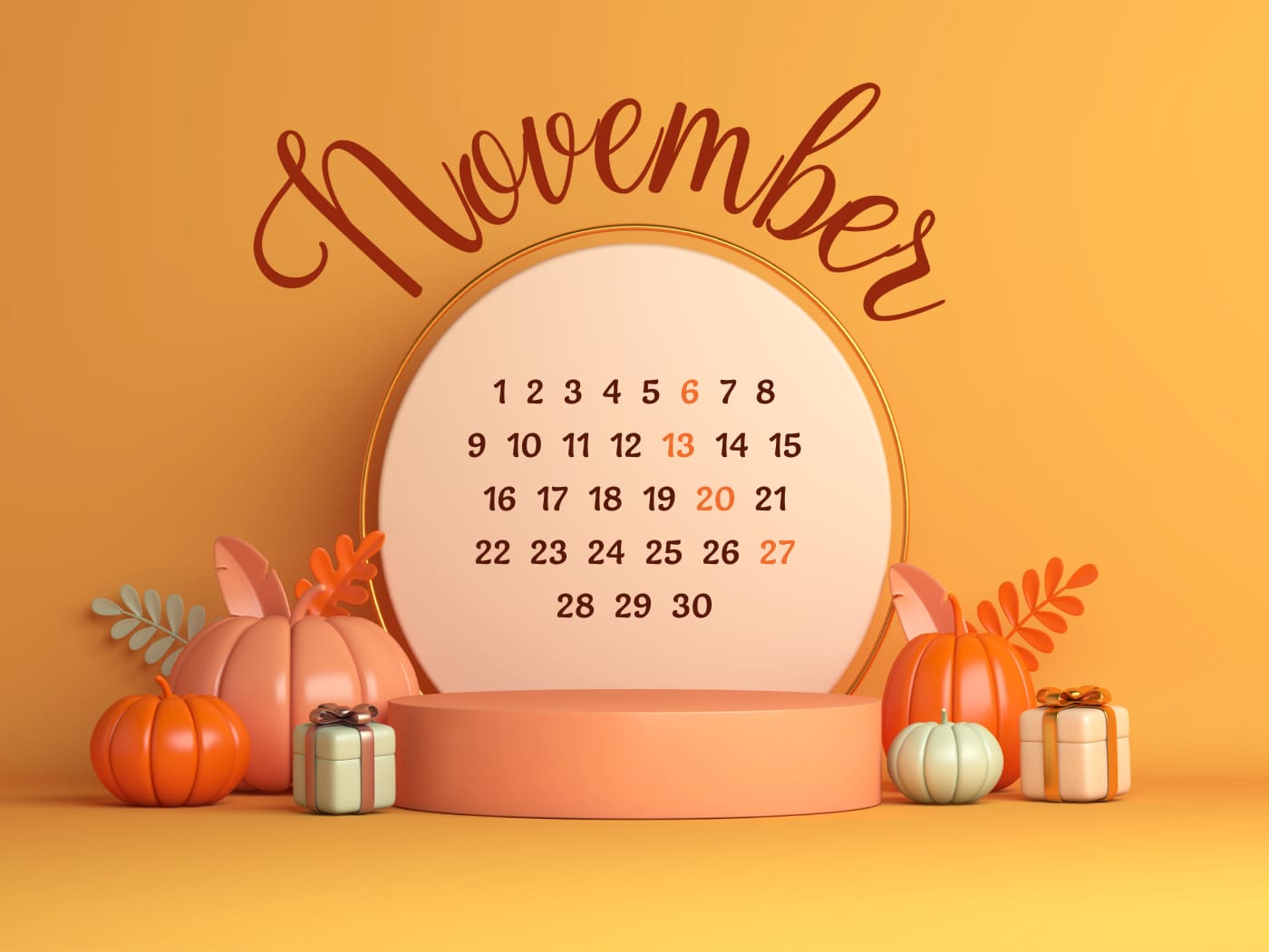 Free November calendar in yellow colors on the background of autumn gifts.