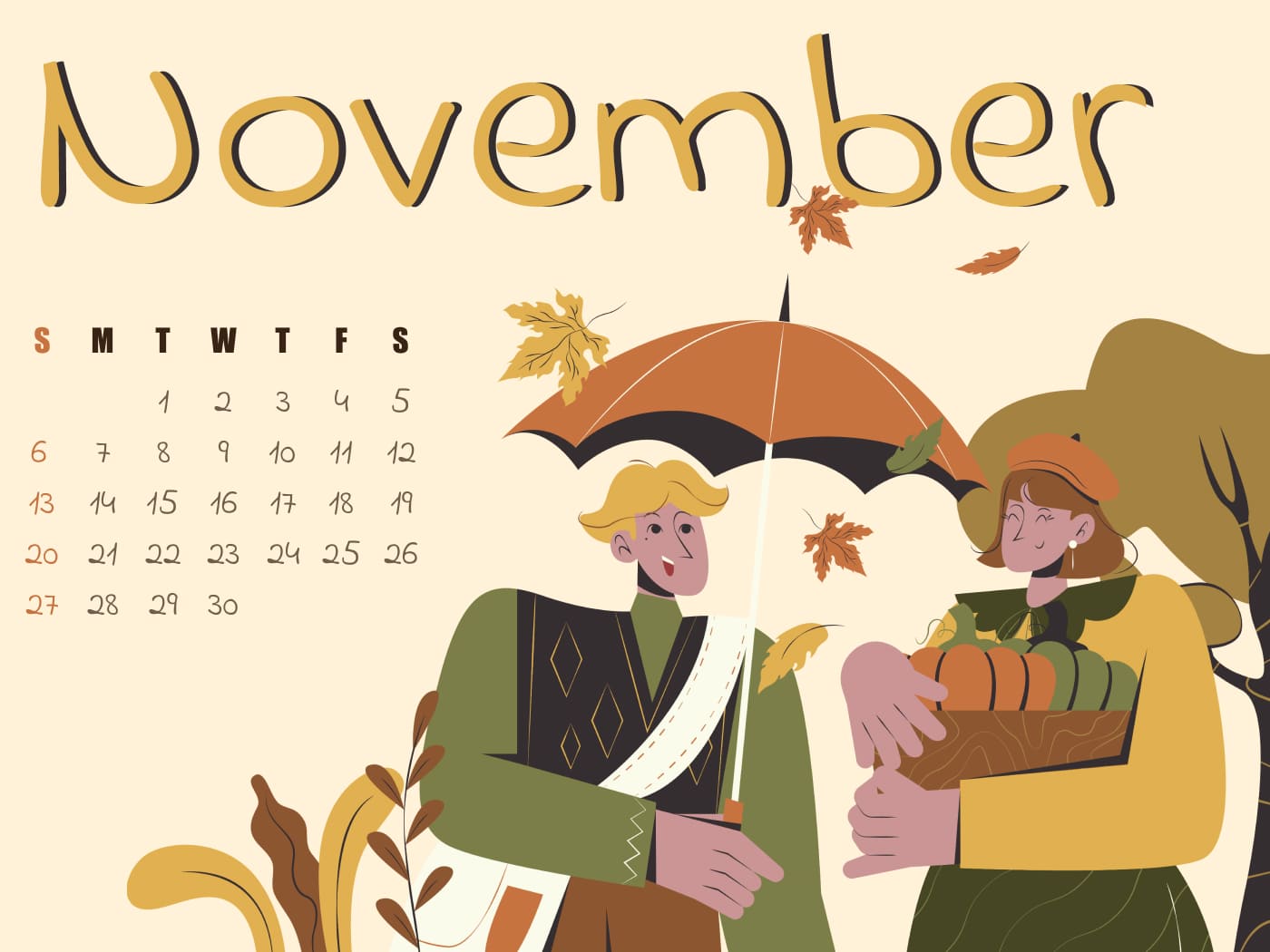Free autumn November calendar, image size 1400x1050.