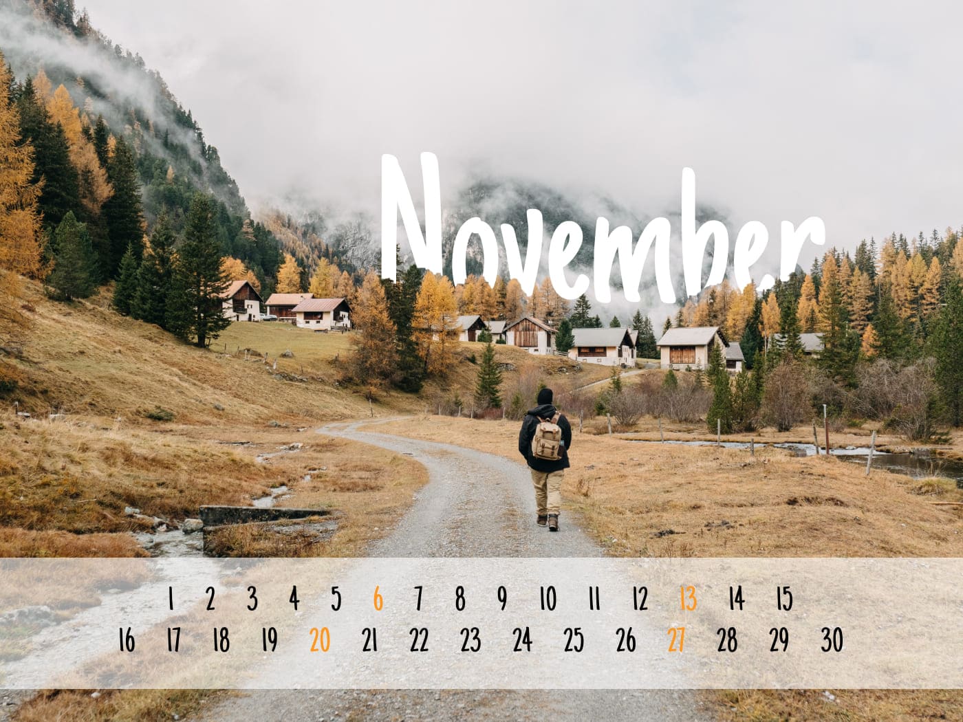 Free November calendar with mountains size 1400x1050.