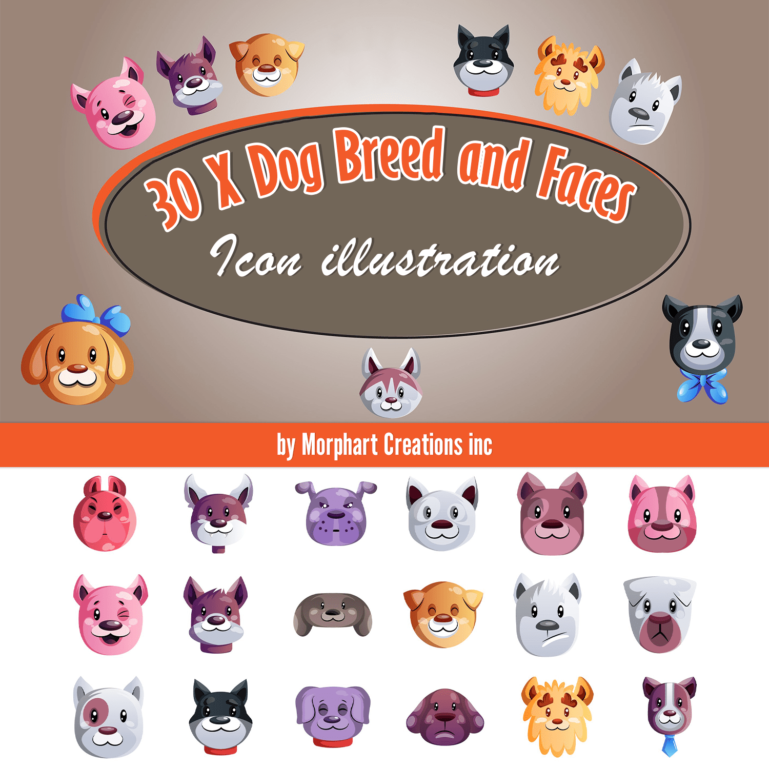 Prints of dog breed and faces icon illustration.