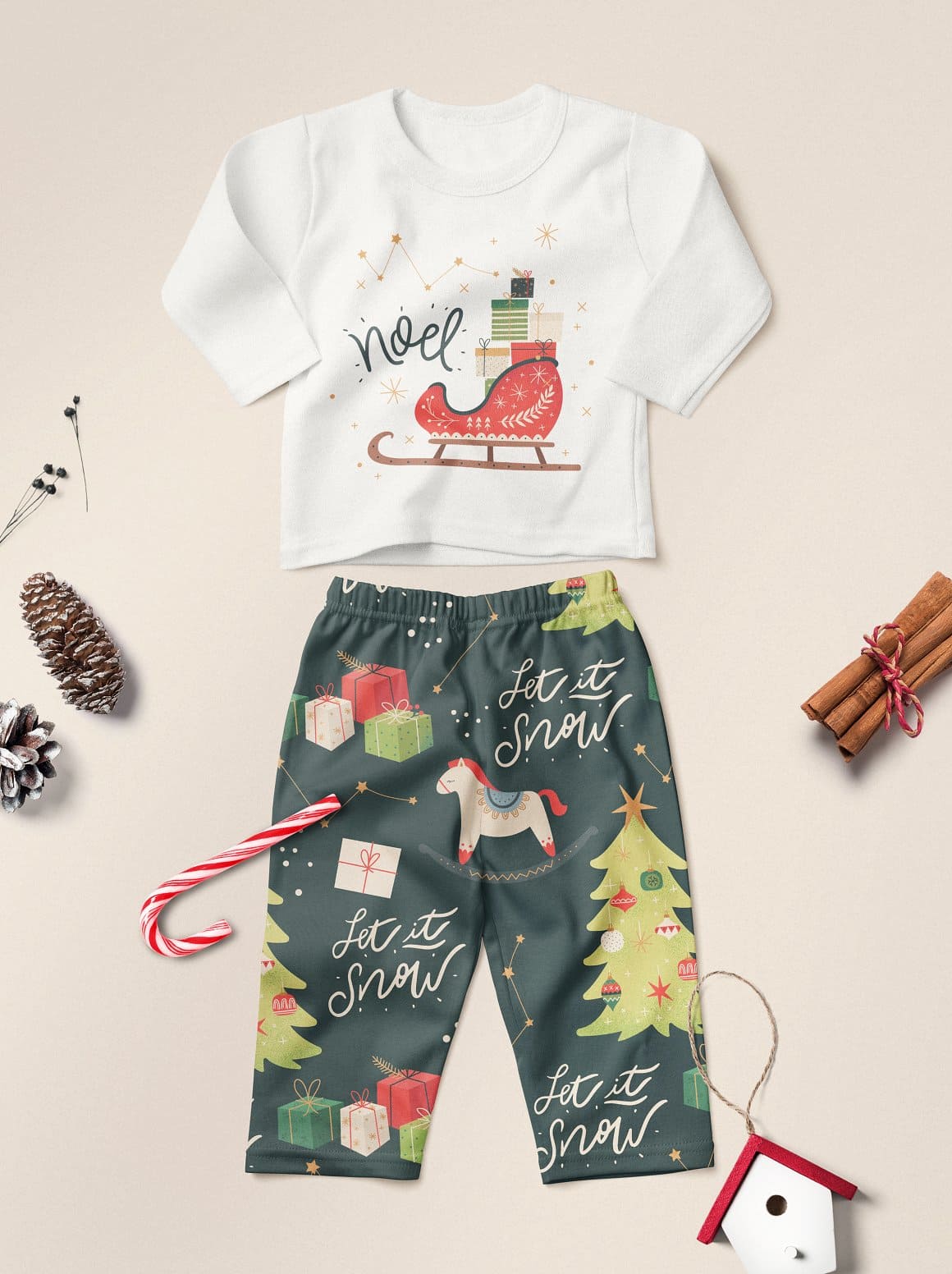 Children's clothes with Christmas pictures.