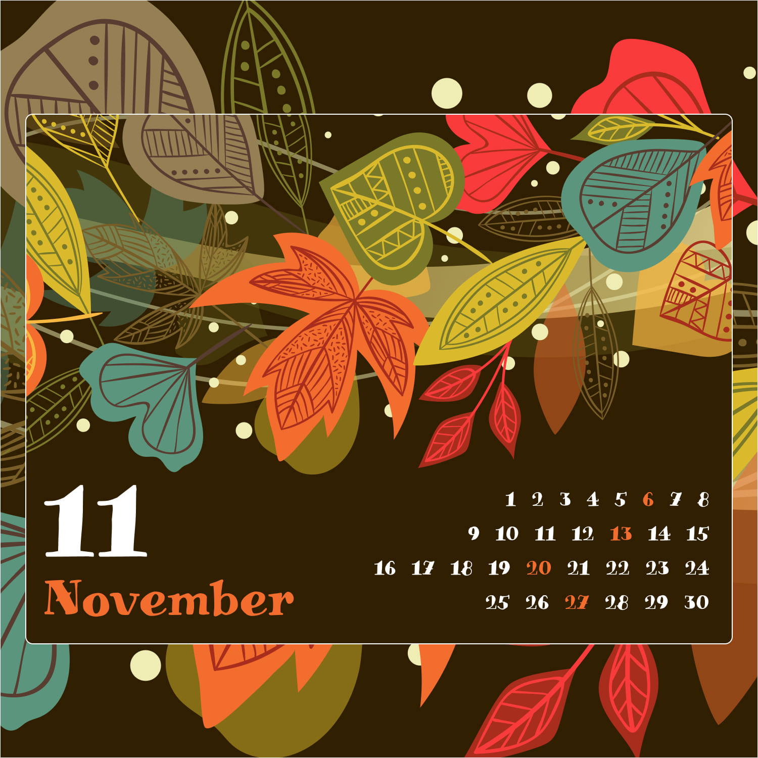 November calendar in brown color, fully editable, title picture without title.