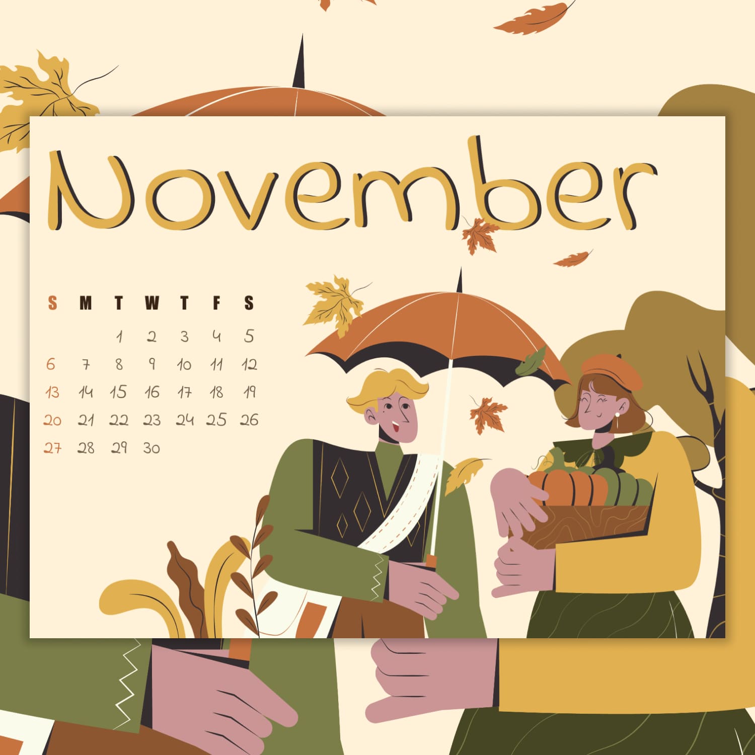 Free autumn November calendar, image size 1500x1500.