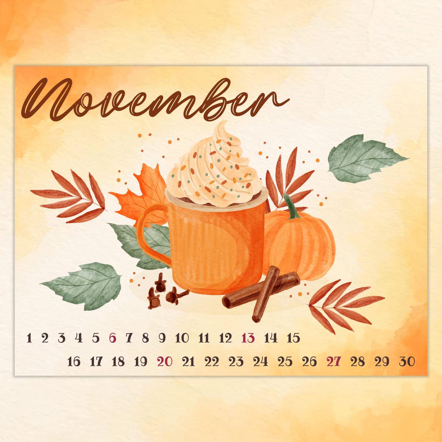 Free food calendar for November, second picture 1500x1500.