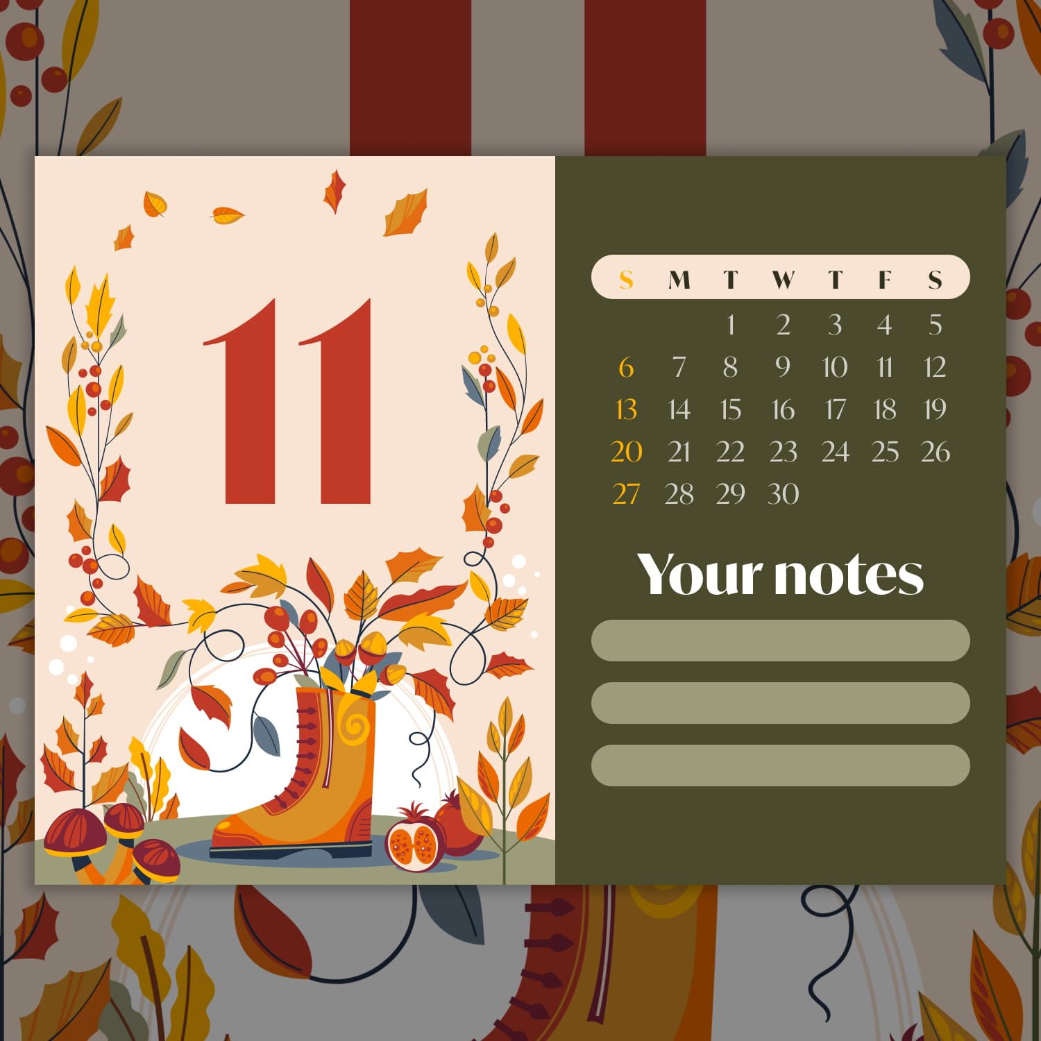 Free cute November calendar with notes 1500x1500.