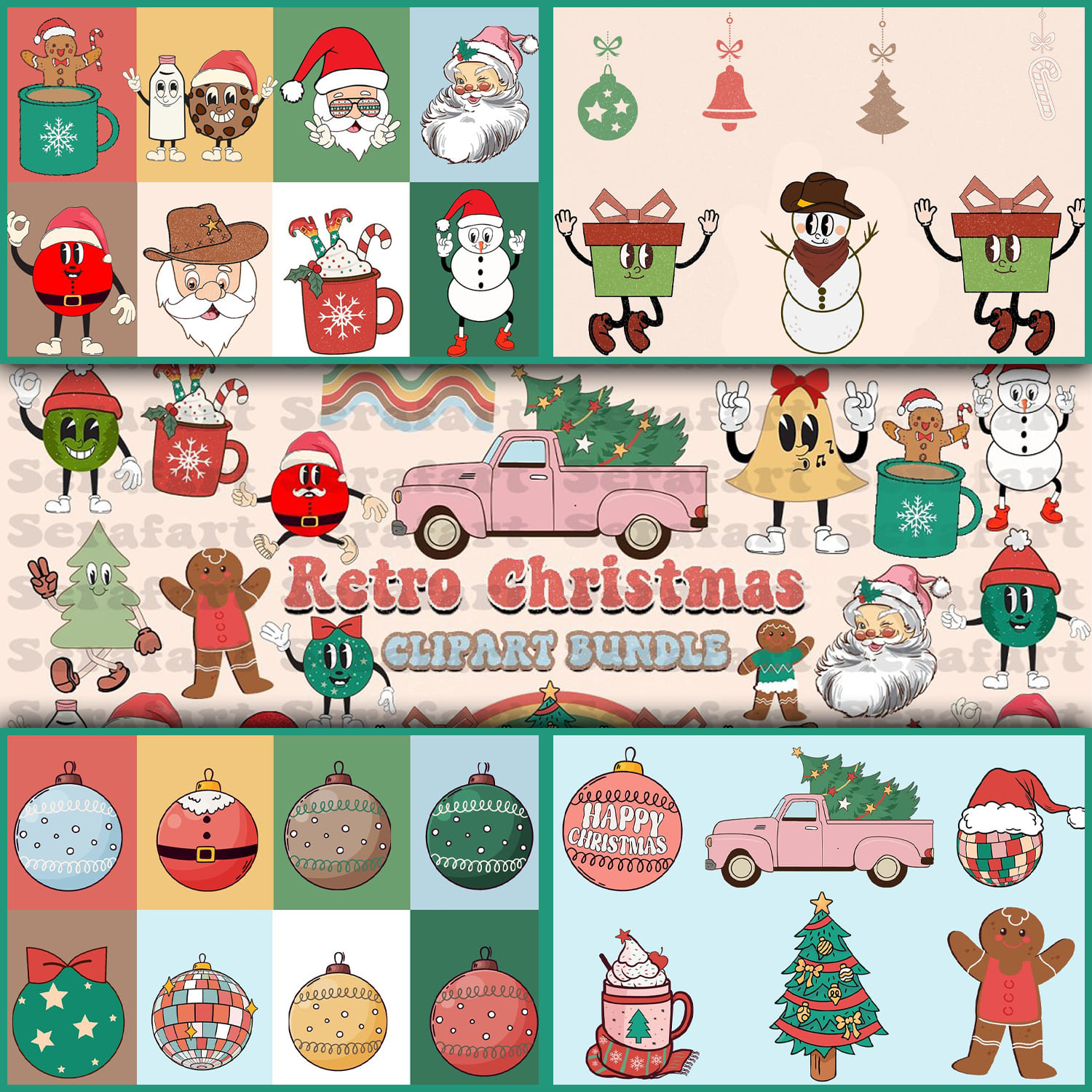 Image of Christmas cookies and warm milk, snowmen and presents in retro style.