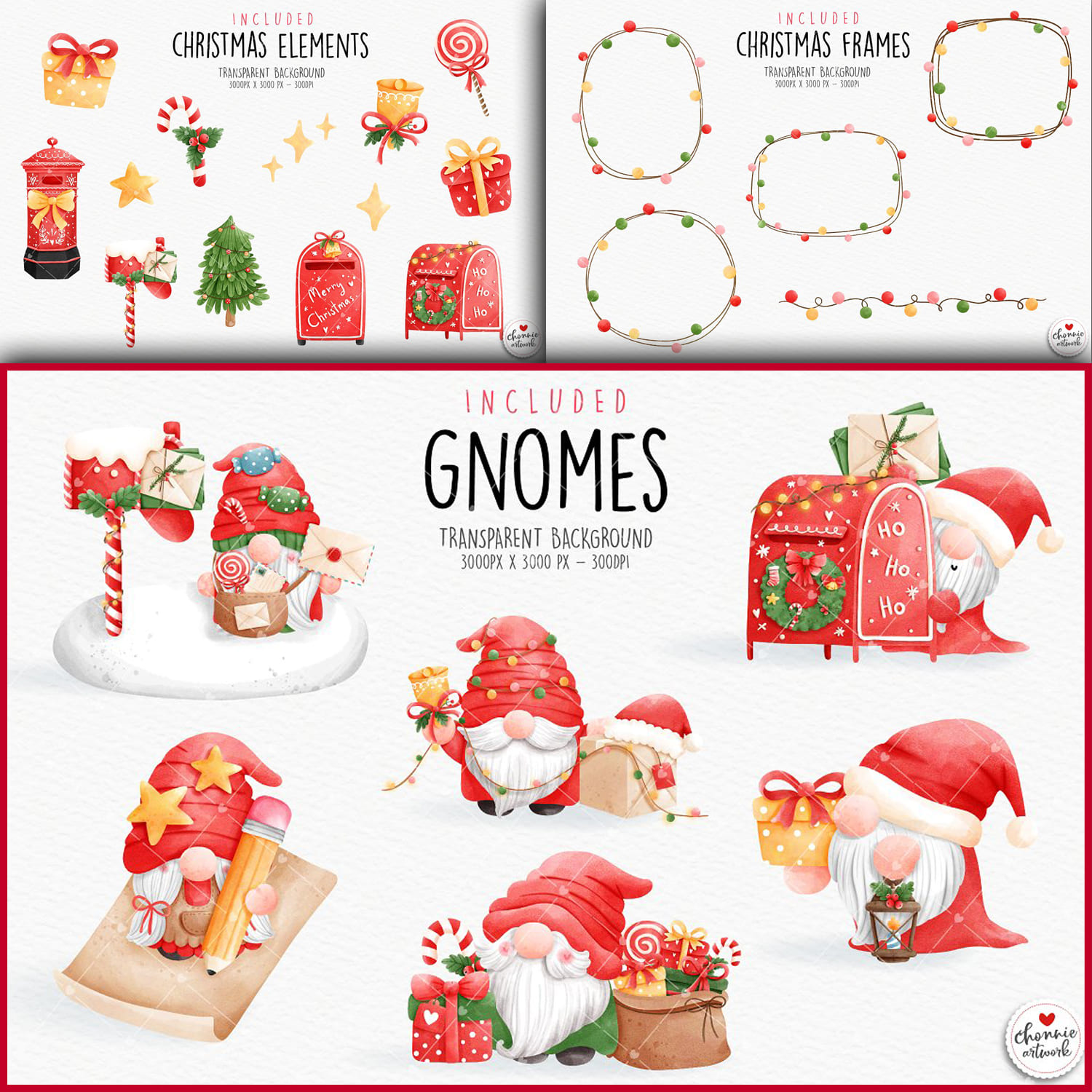 Christmas elements, frames and gnomes on the transparent background.