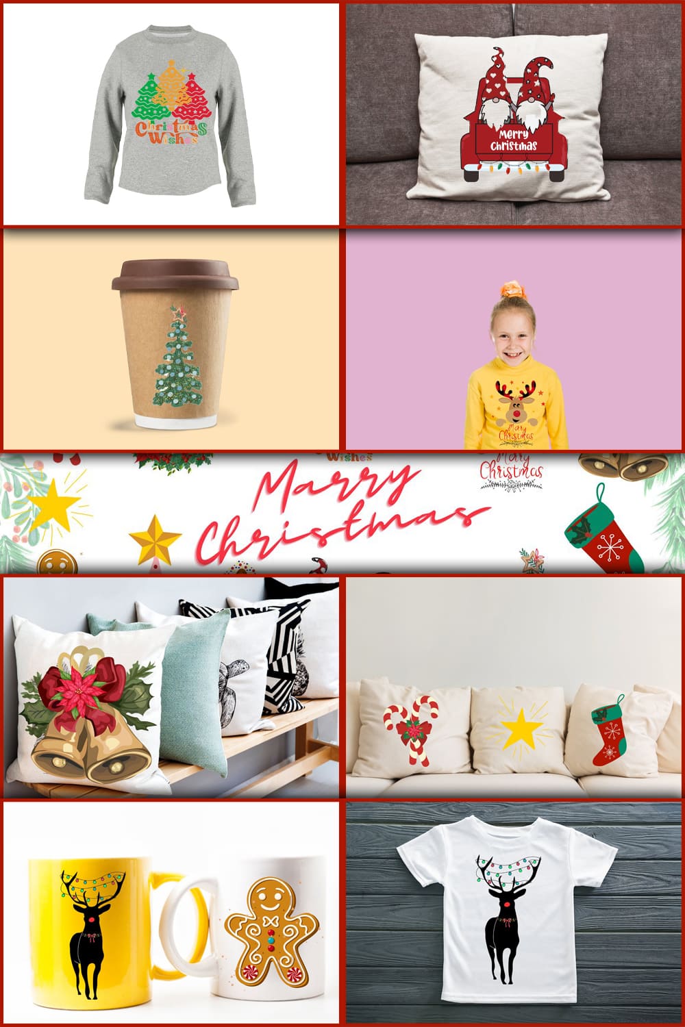 Christmas sweaters, reindeer pillows and a coffee cup decorated with a Christmas tree.