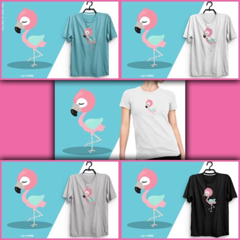 T-shirts with flamingos on a bright pink background.