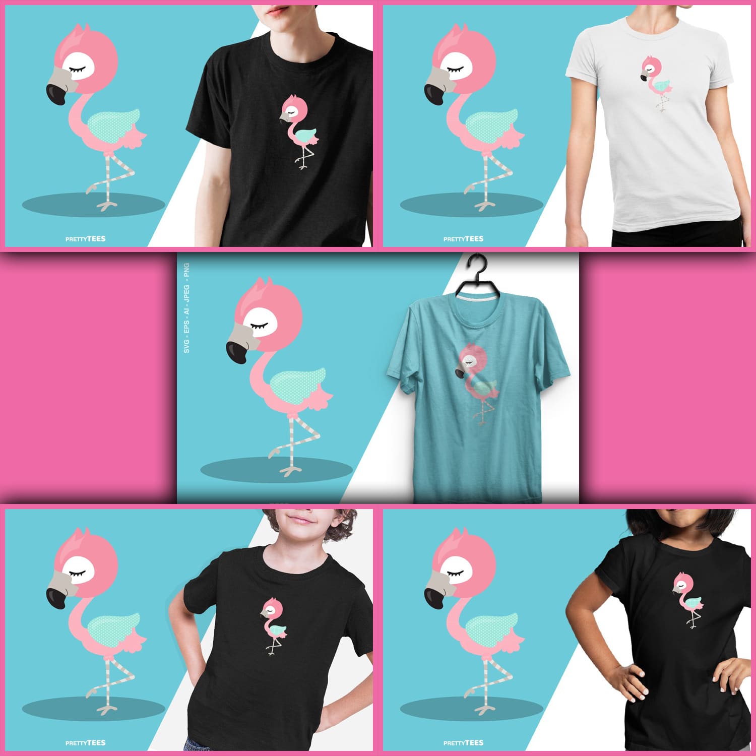 Colored t-shirts with the image of a flamingo.