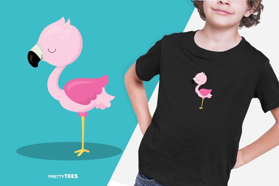 Black t-shirt with flamingo in a different angle, flamingo design sublimation t-shirt, picture with turquoise and white background.