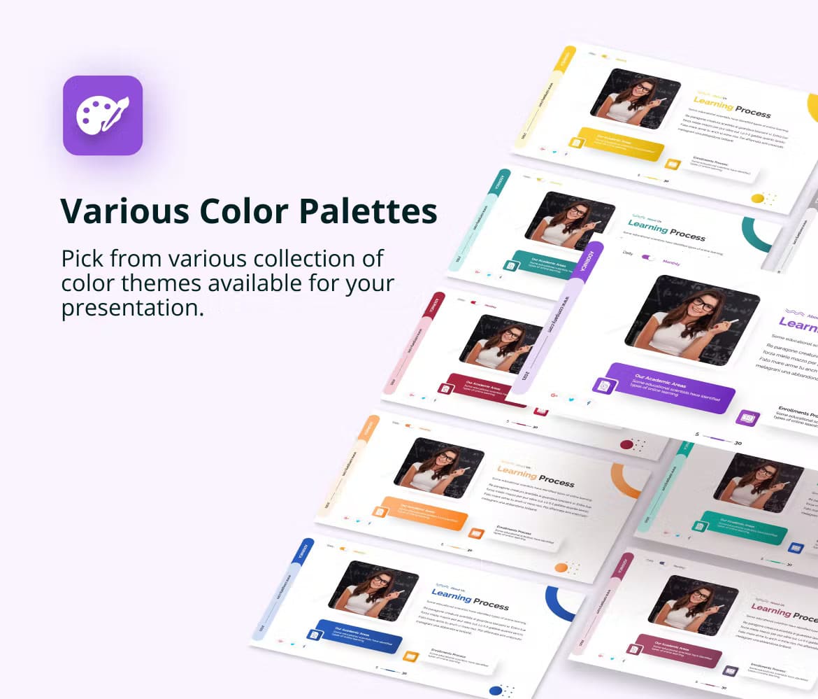Title with inscription: Various Color Palettes, Pick from various collection of color themes availabe for your presentation.