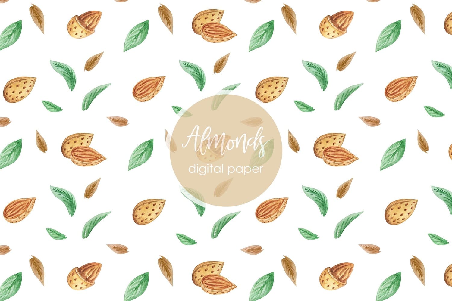 White background with almonds and green leaves, round light brown logo in the center.