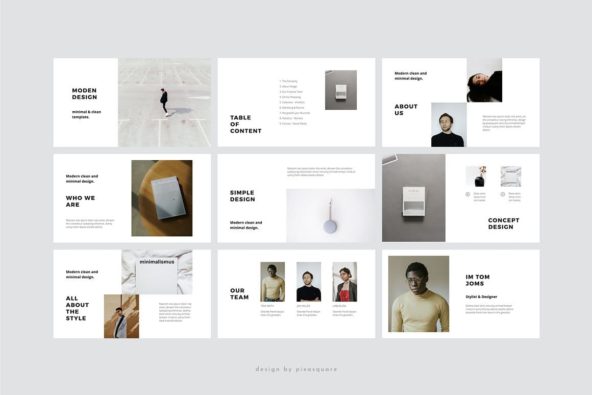 Nine slides in three rows of a stylish and modern keynote template.