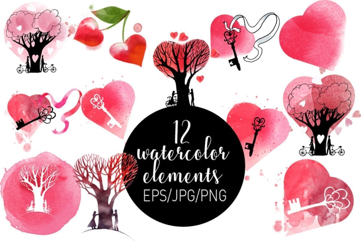 Valentine's day, 12 Watercolor elements.