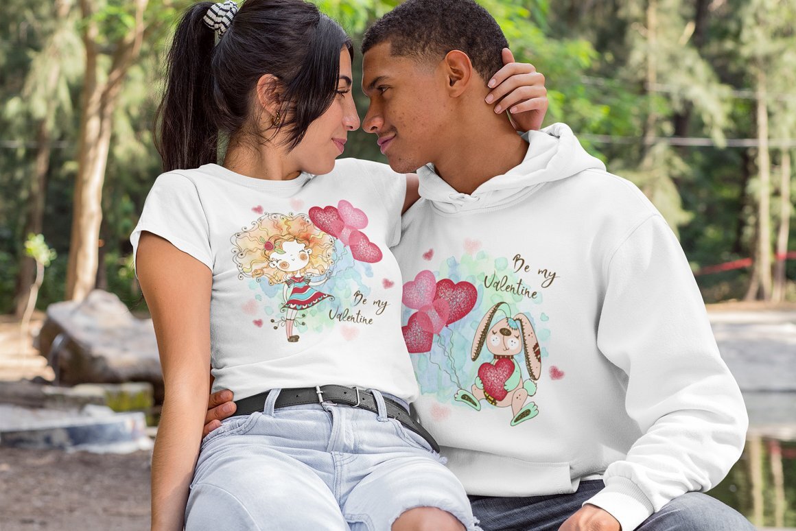 A couple in love is dressed in white clothes with a romantic print.