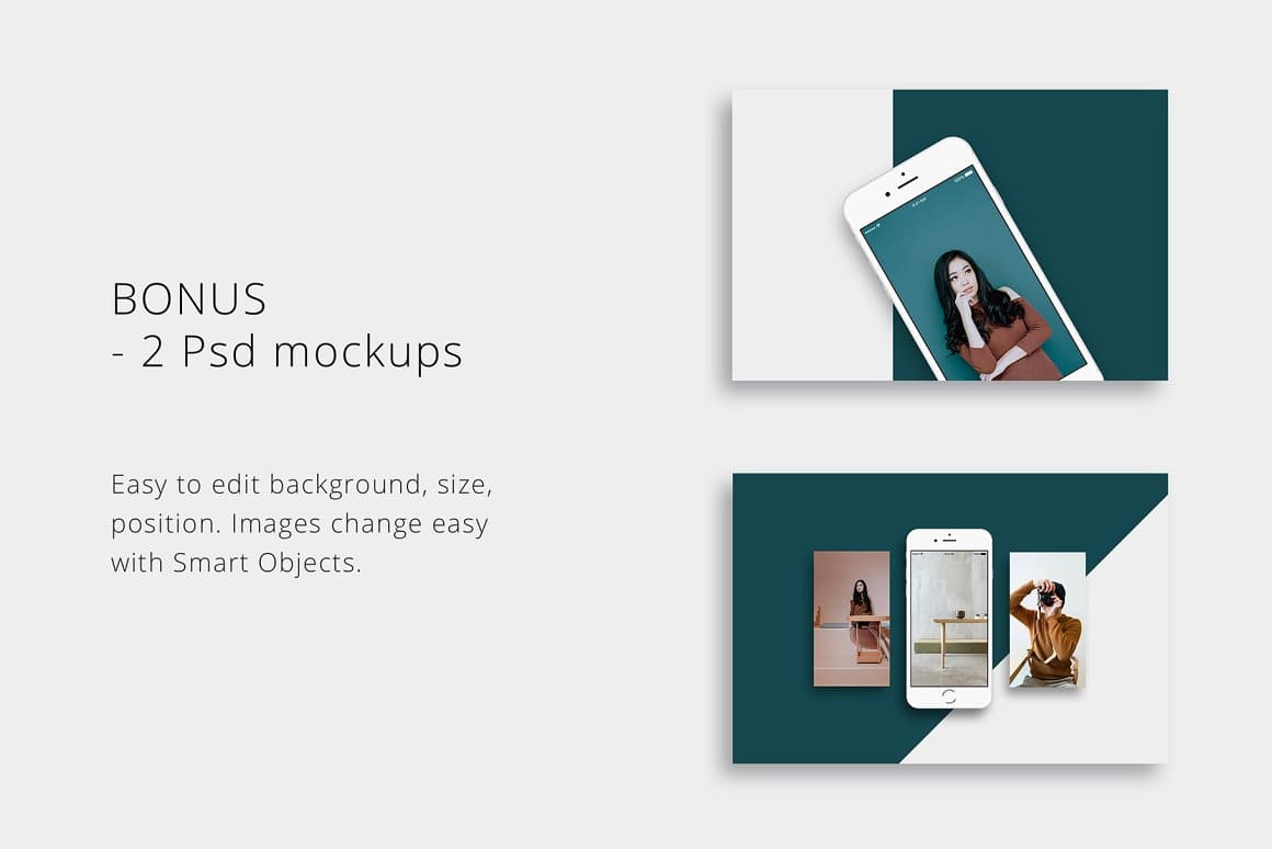 Inscription: Easy to edit background, size, position. Images change easy with Smart Objects.