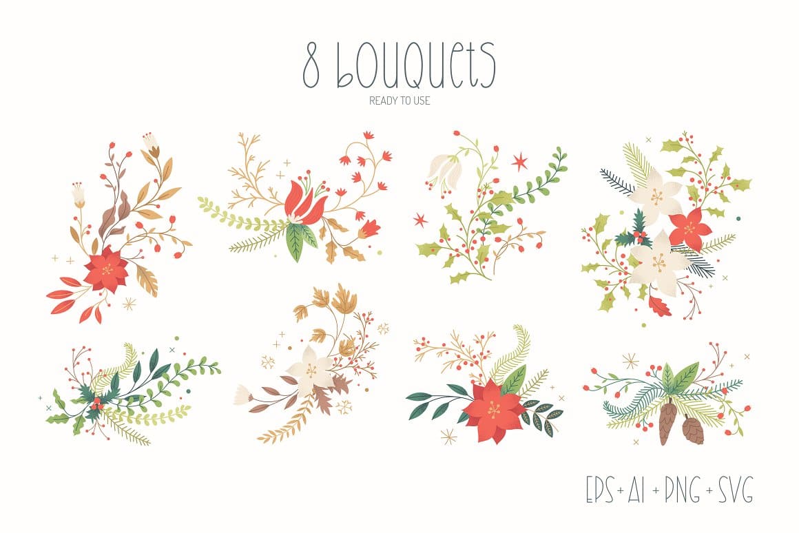8 Christmas bouquets on the white background.