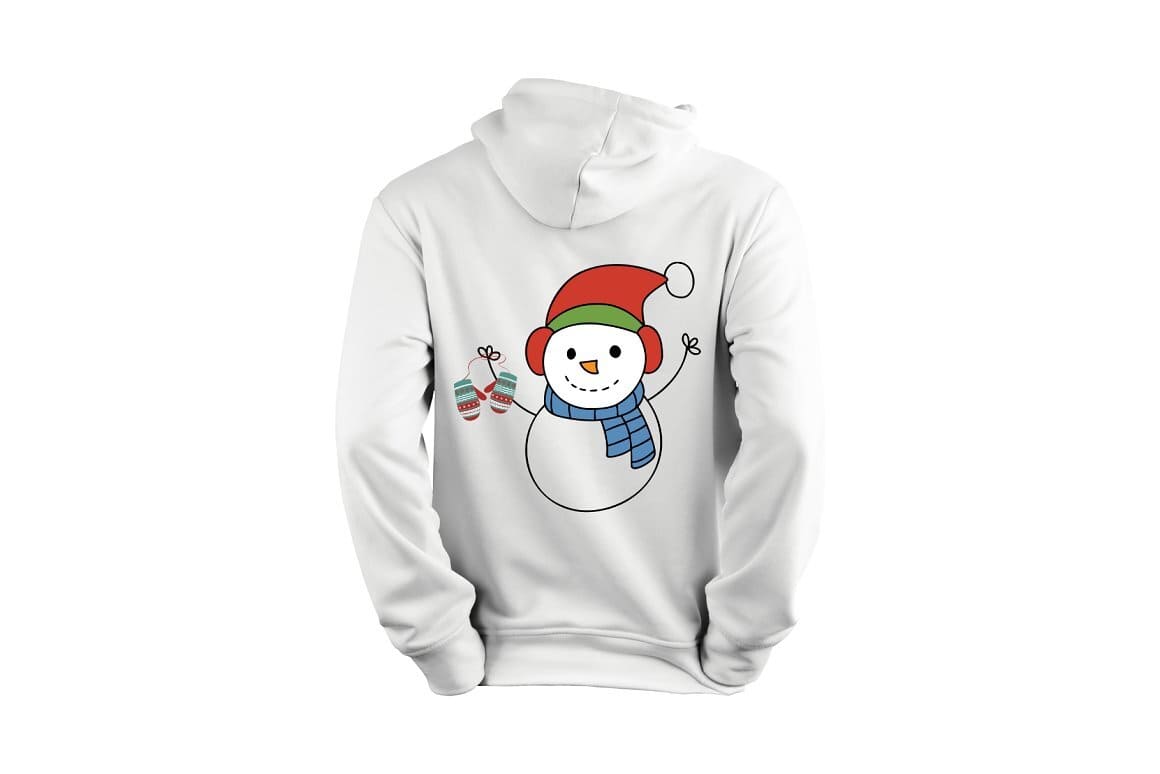 Image of a white sweater with a snowman in a red hat.