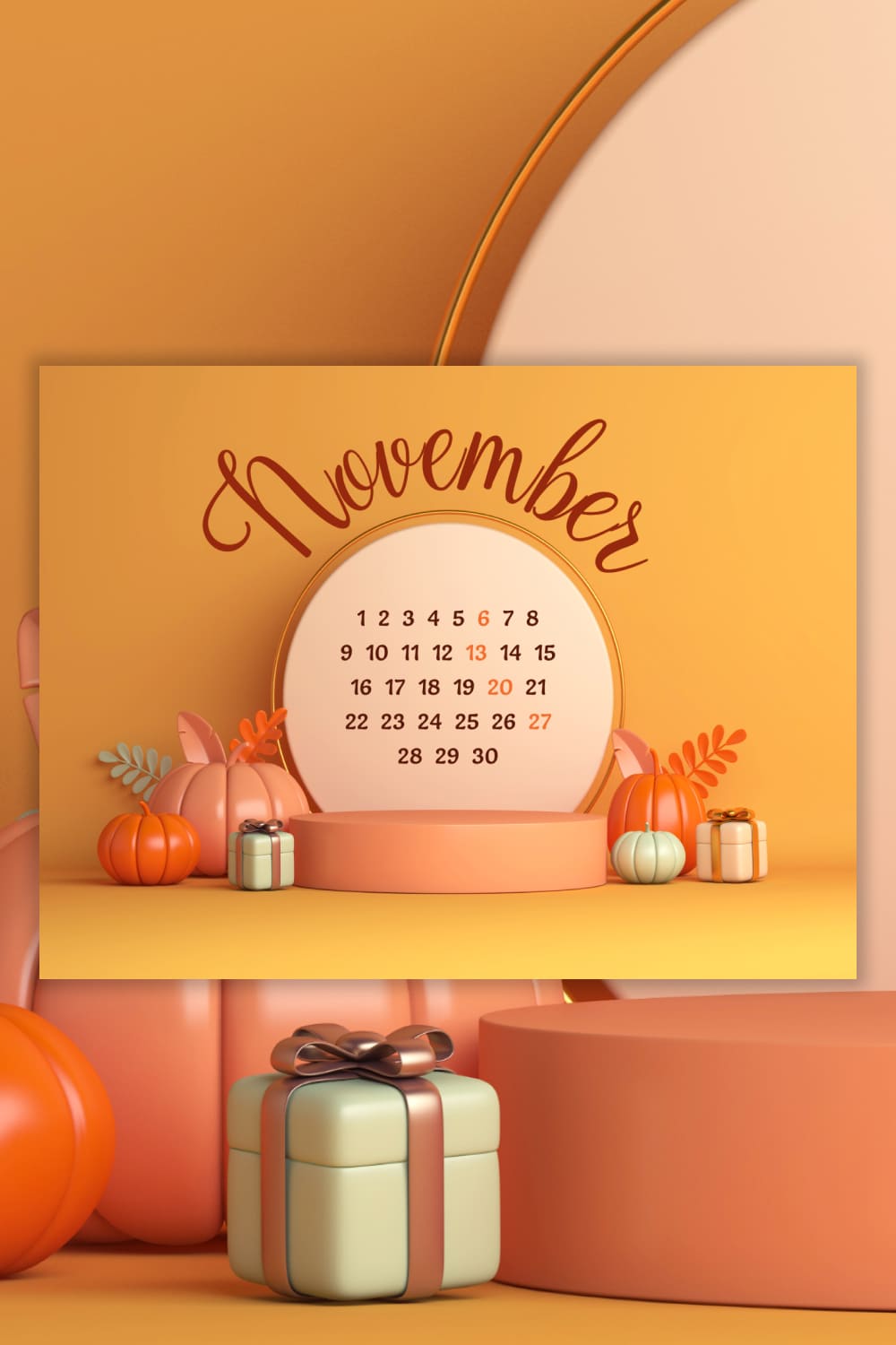 A card with a round free November calendar in yellow colors on a gift background for Pinterest.