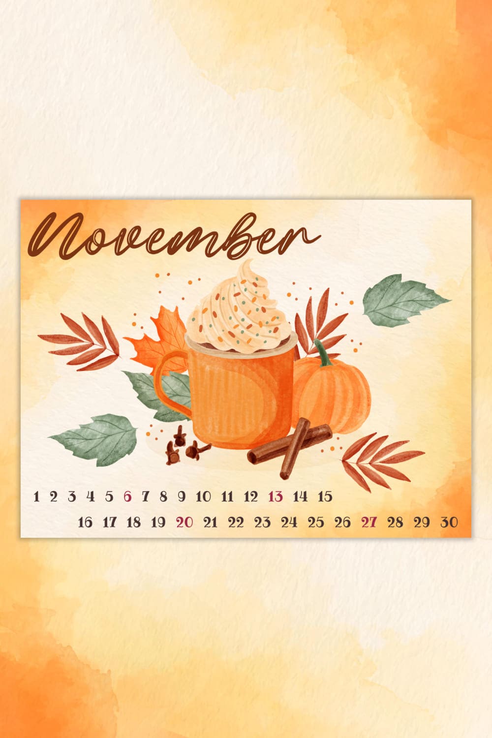 Free food calendar for November, Pinterest picture 1000x1500.