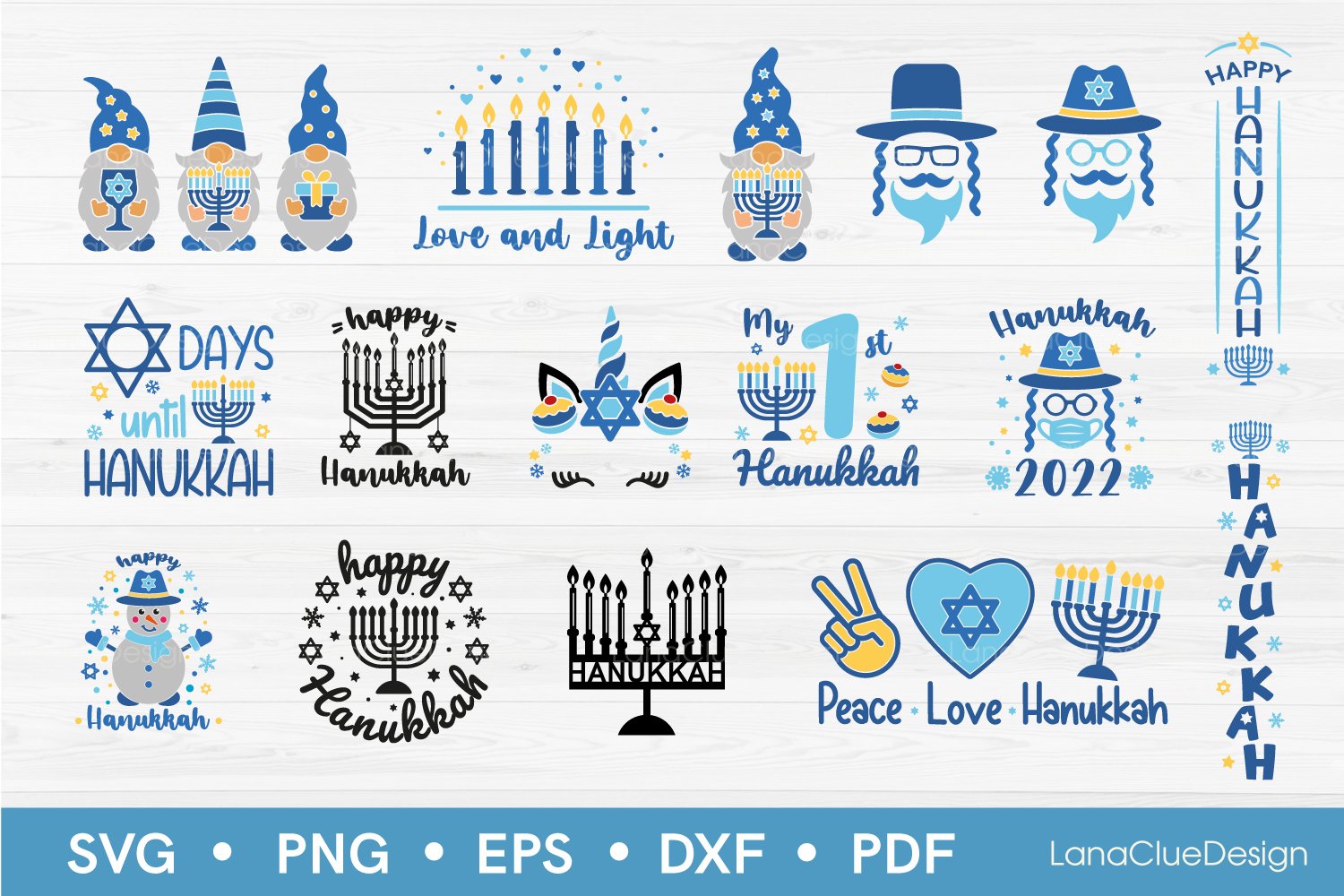 Various images and icons on the theme of Hanukkah.