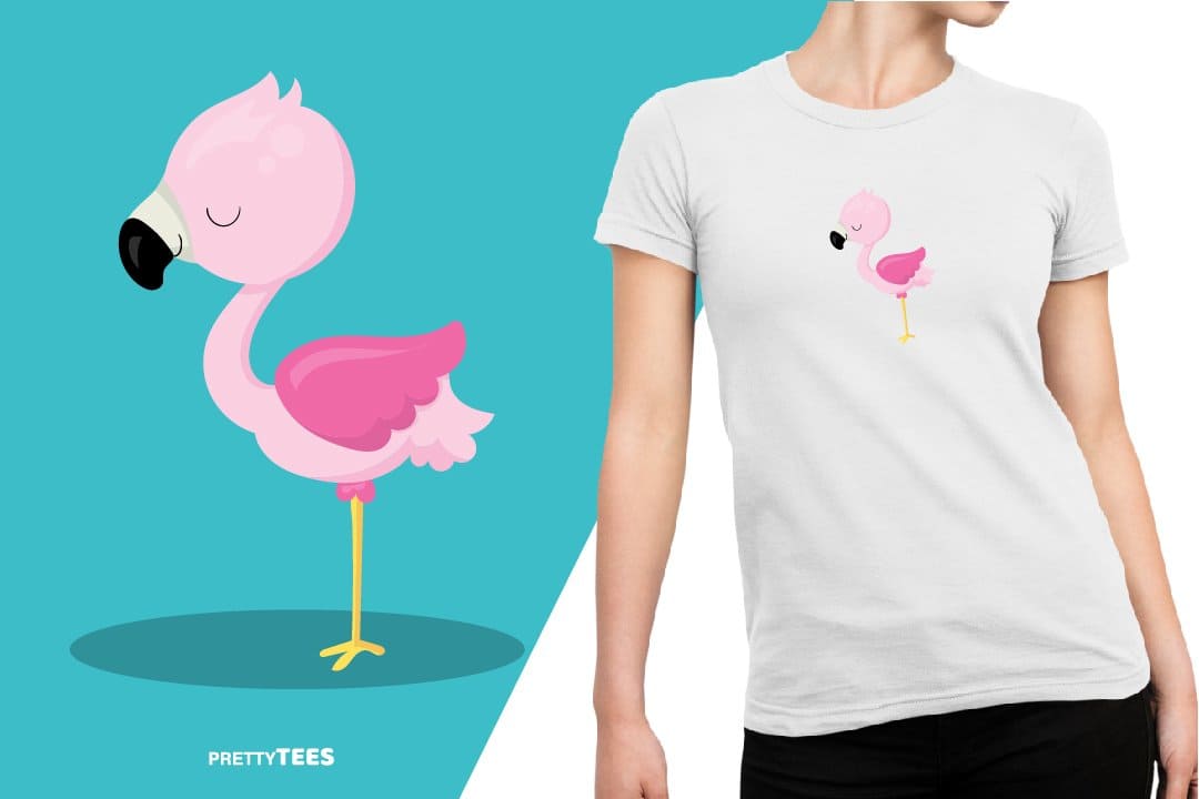 Light gray t-shirt with flamingo on the guy, flamingo design sublimation t-shirt, picture with turquoise and white background.