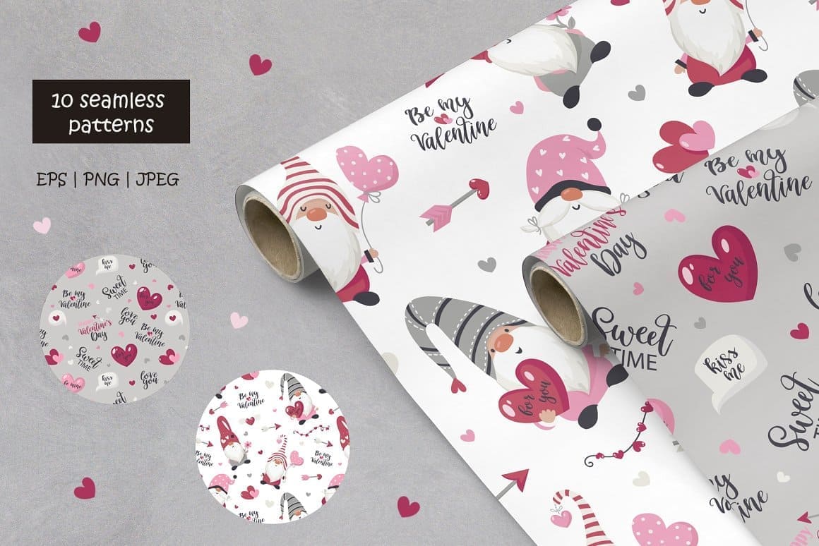 White and gray wrapping paper with Valentine gnomes.