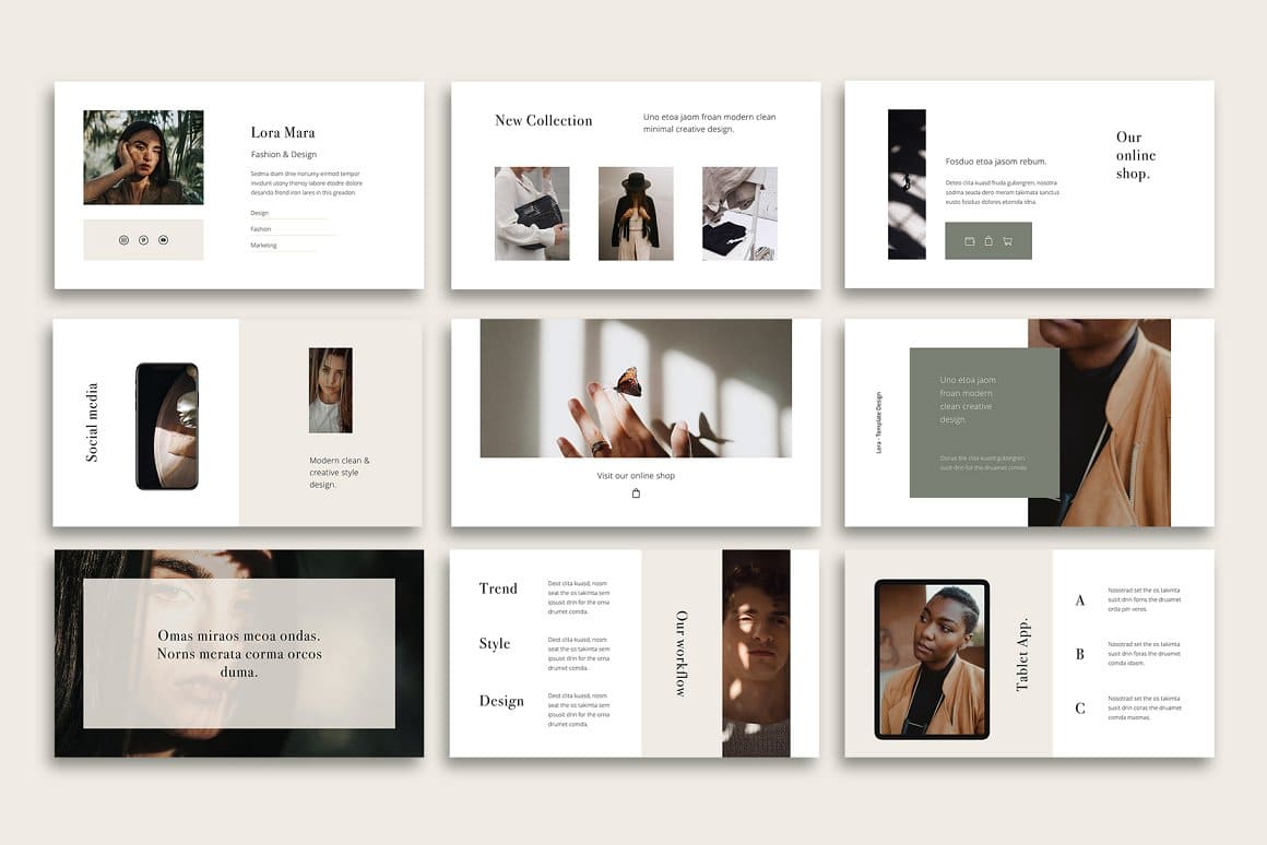 9 Keynote template slides: Lora Mara Fashion & Design, New Collection, Our online shop.