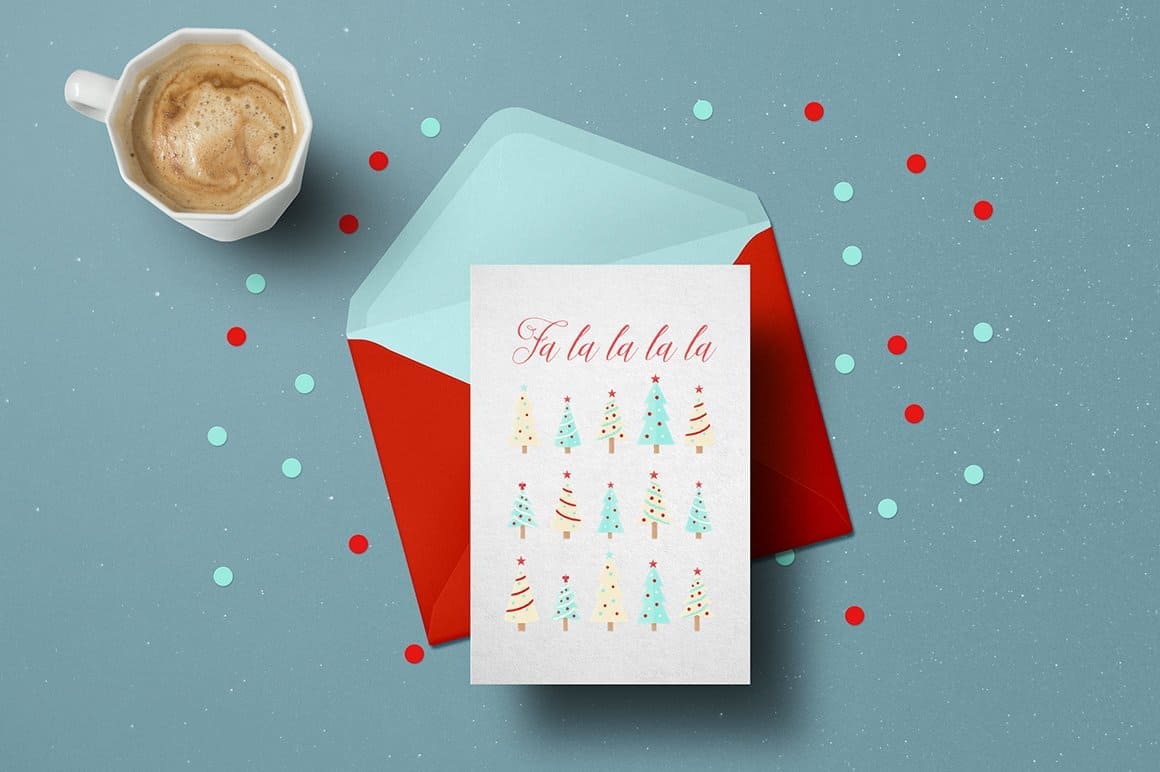 White New Year card, red envelope and a cup of coffee on a turquoise table.