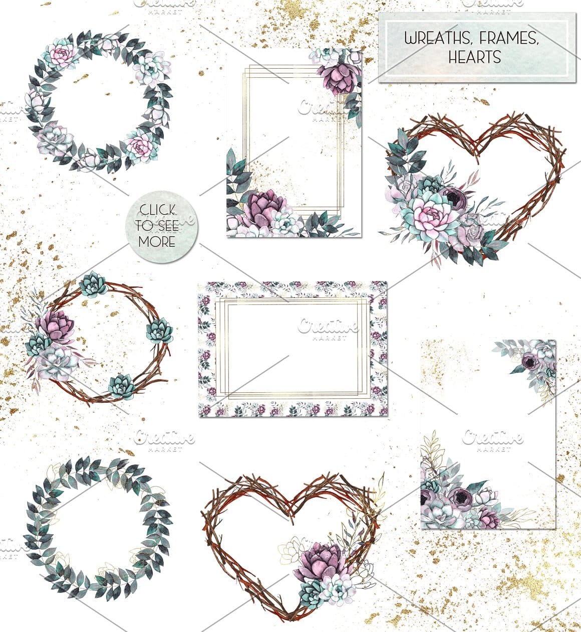 Wreaths, frames, hearts with floral decoration.